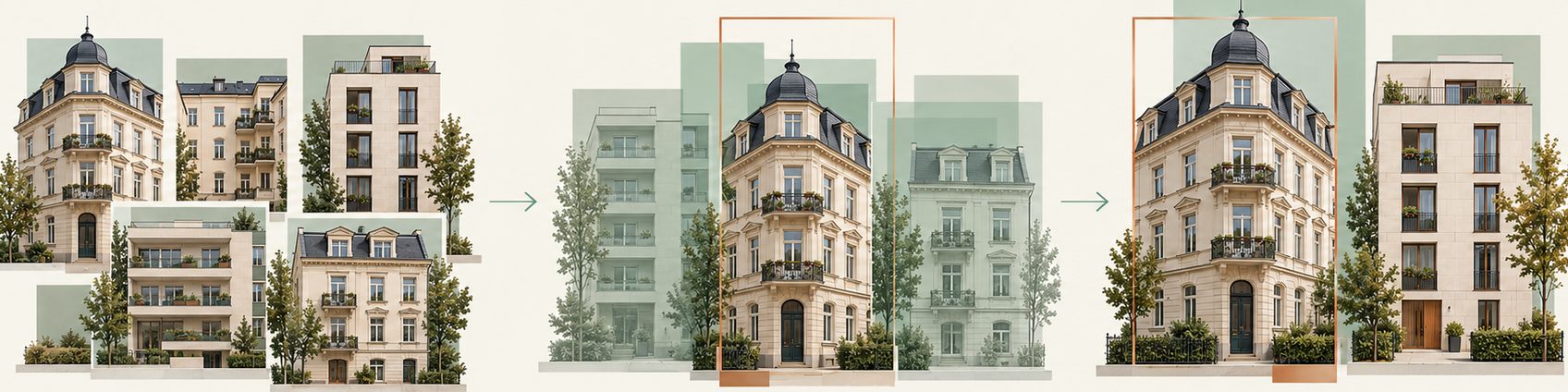 Drei Gruppen von Wohngebäuden nebeneinander, durch Pfeile verbunden: links mehrere Häuser als gewachsener Bestand, in der Mitte derselbe Bestand blassgrün zurückgenommen bis auf ein kupfern umrandetes Gebäude, rechts dieses Gebäude allein.